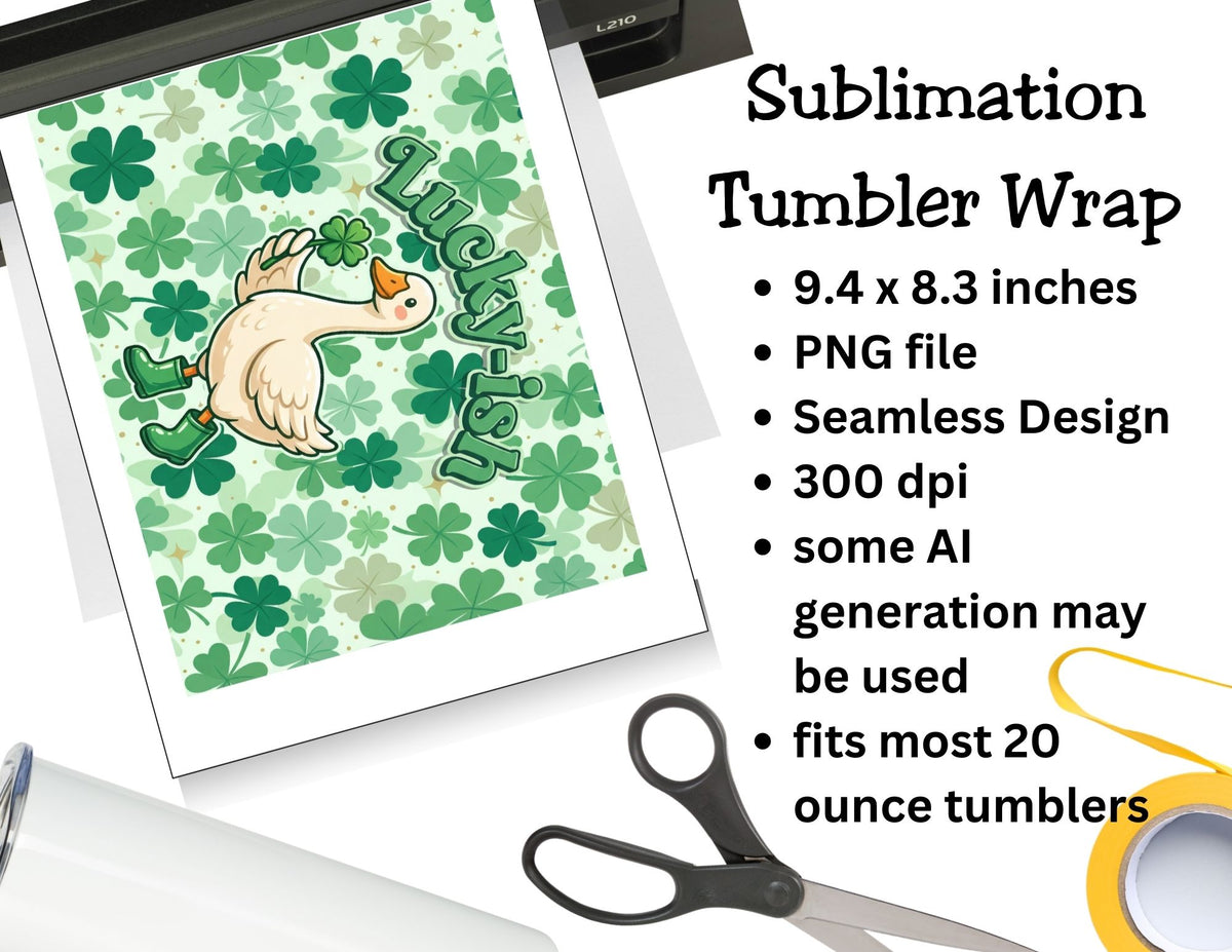 Sublimation tumbler wrap with duck and shamrock design on a white background