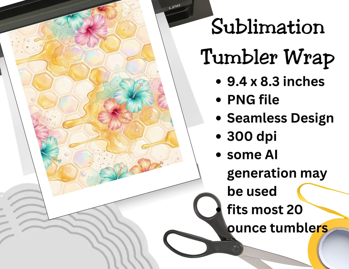 Sublimation tumbler wrap with floral design, scissors, and tape on a white background