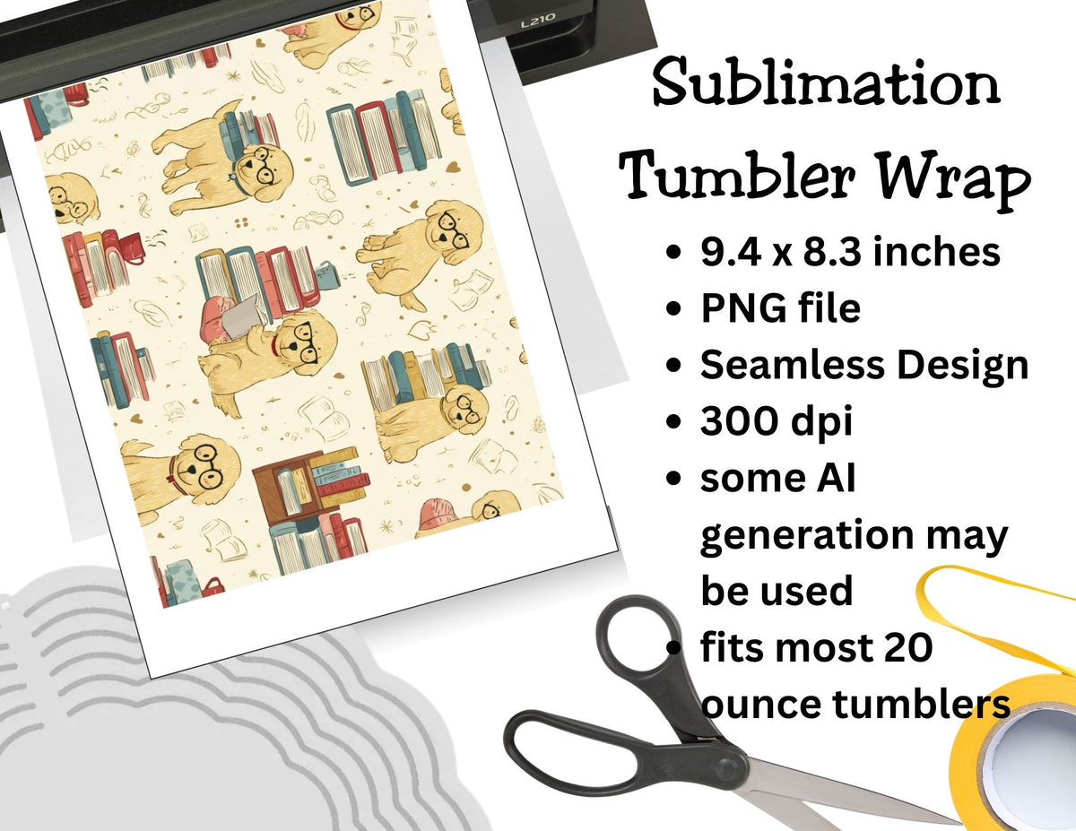 Sublimation tumbler wrap with golden retriever dog and book design, scissors, and transfer paper.