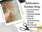Floral sublimation tumbler wrap with product details on a white background