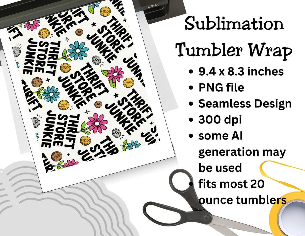 Sublimation tumbler wrap with text and graphics on a white background, scissors, and a ruler for scale.
