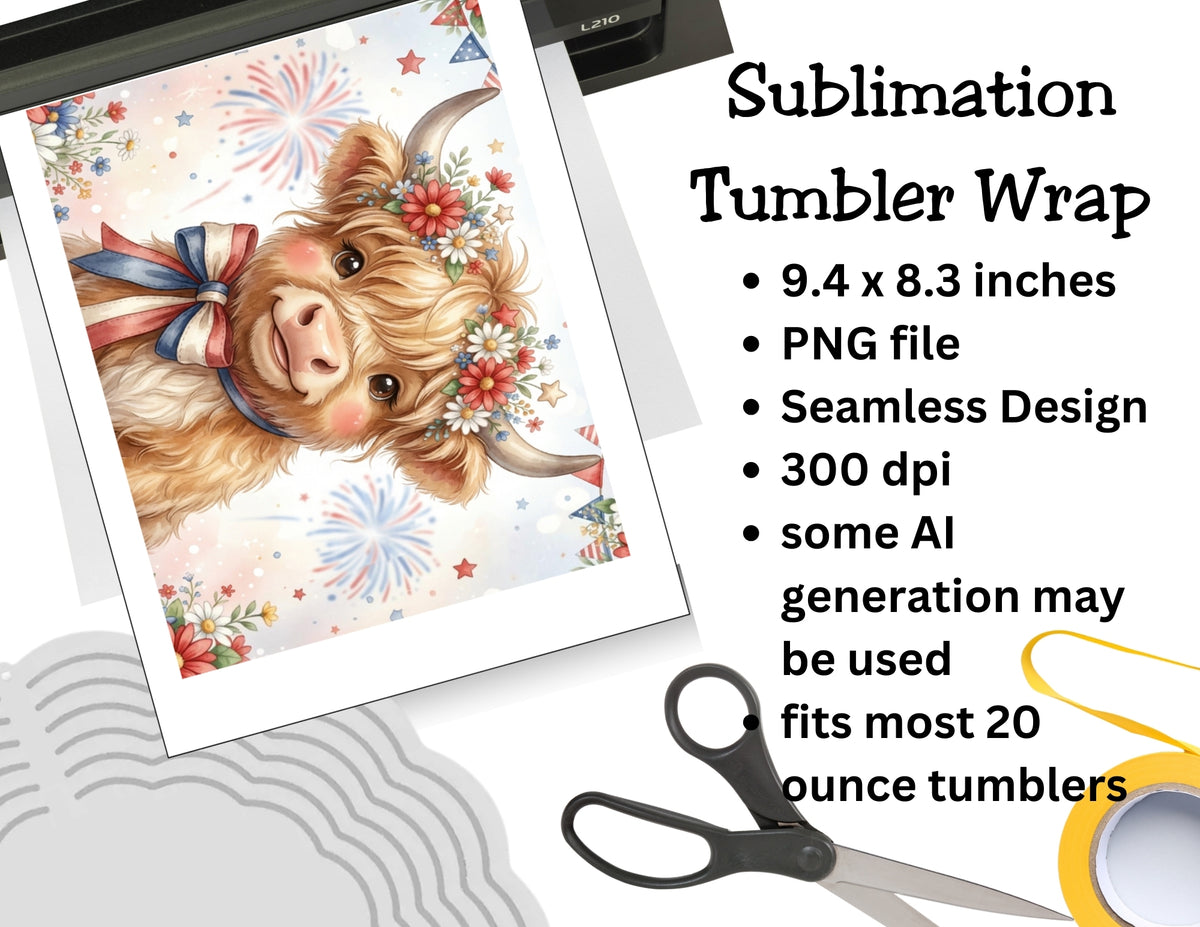 Sublimation tumbler wrap with a highland cow design on a white background with scissors and tape.