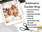 Sublimation tumbler wrap with a highland cow design on a white background with scissors and tape.