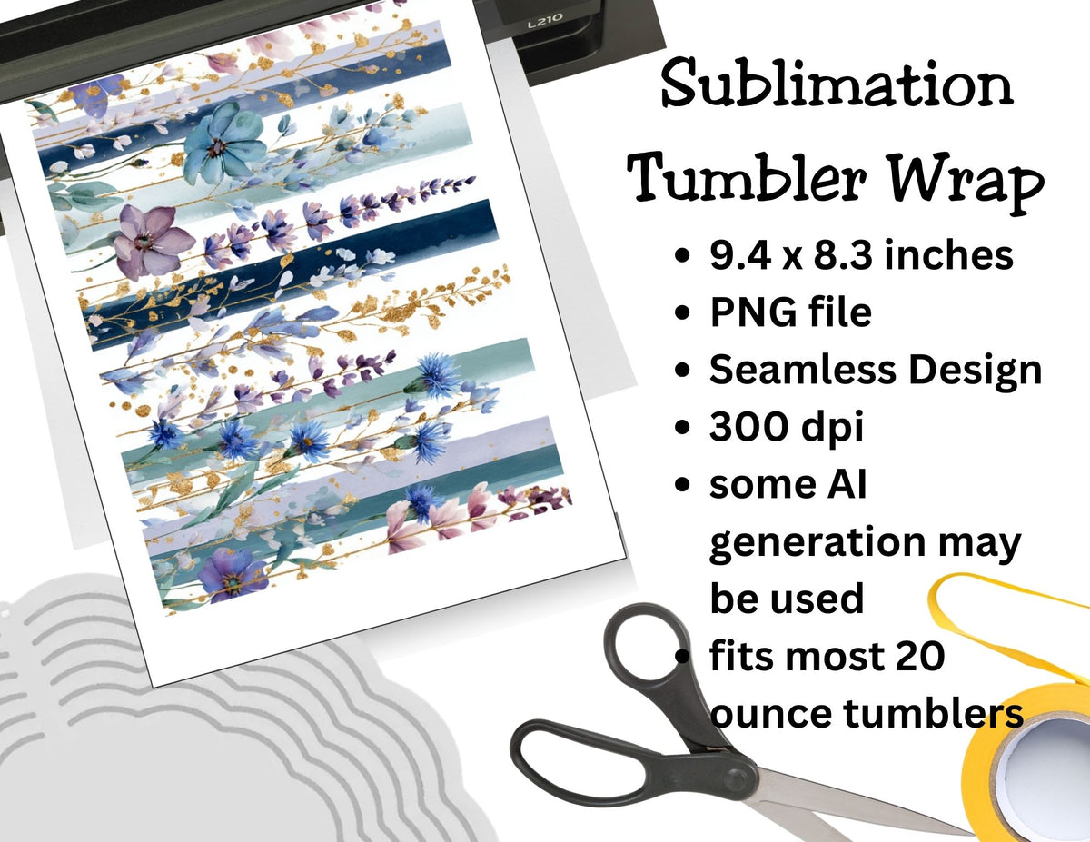 Floral sublimation tumbler wrap design with product details on a white background