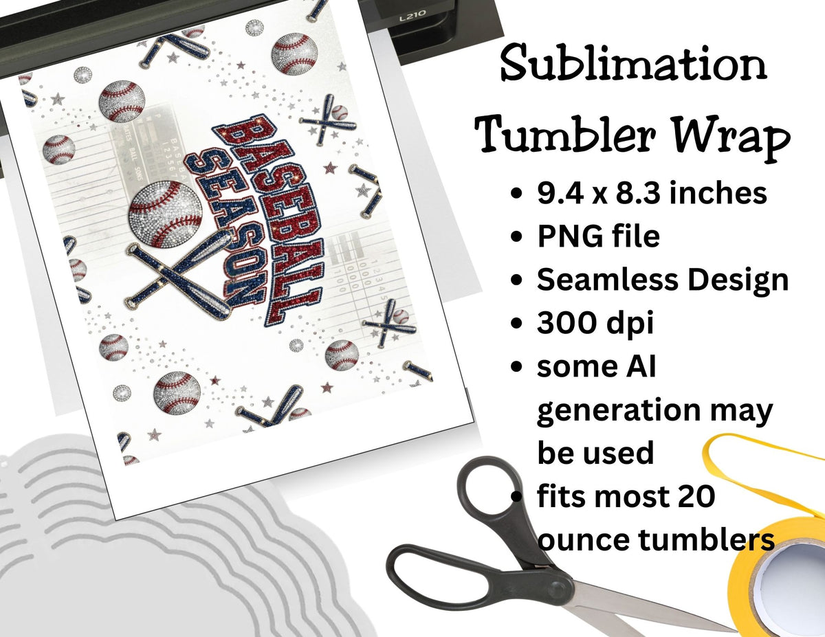 Baseball-themed sublimation tumbler wrap design with text and tools on a white background