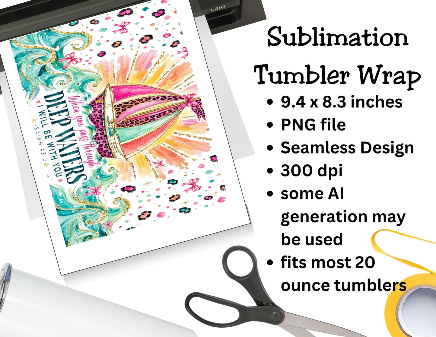 Deep Waters Christian Tumbler and Tumbler Wrap PNG  *1069