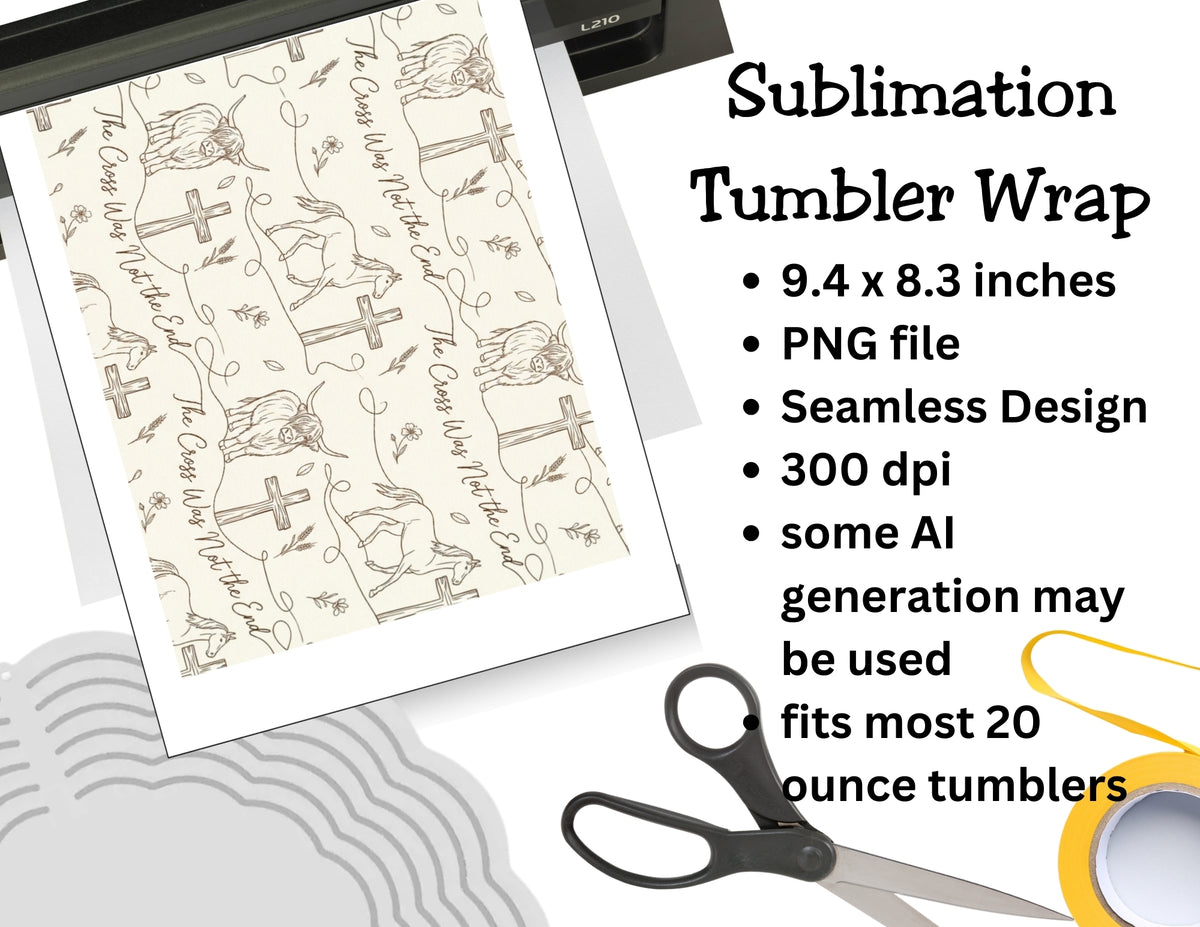 Sublimation tumbler wrap with design details and tools on a white background