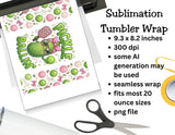 Sublimation tumbler wrap design with a pickle character and text, shown on paper with scissors and printer in the background.