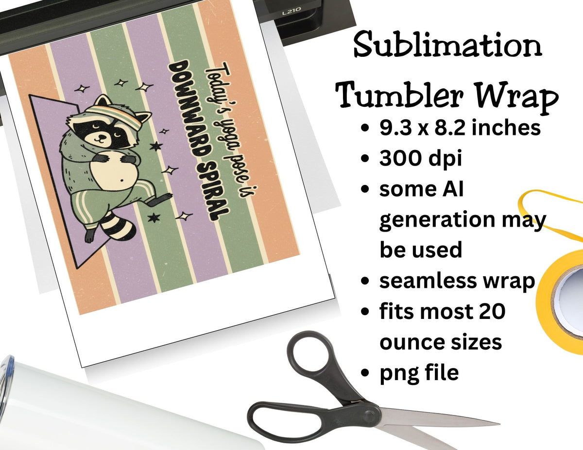 Sublimation tumbler wrap design with raccoon graphic and text, placed on a white surface with scissors.