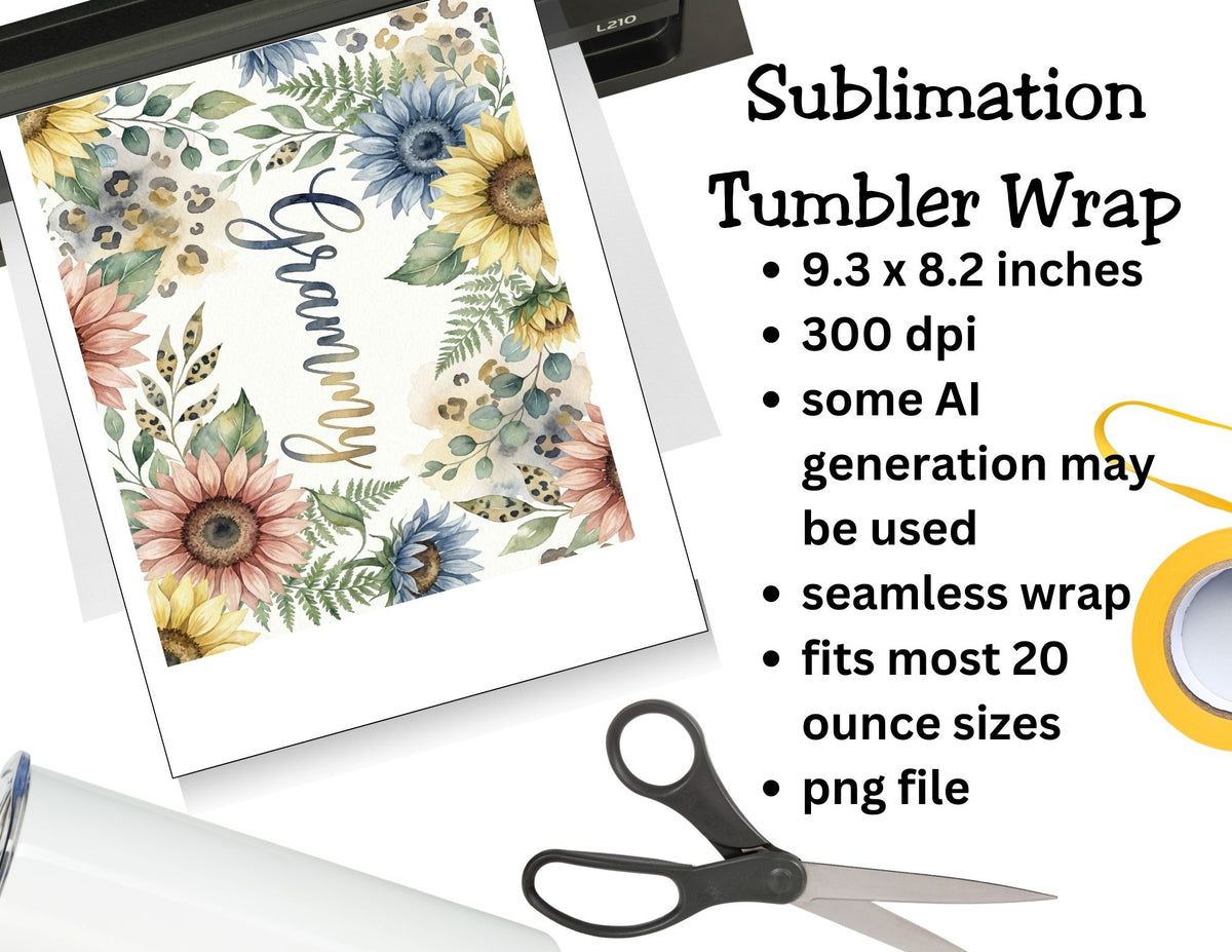 Floral sublimation tumbler wrap design with text and scissors on a white background