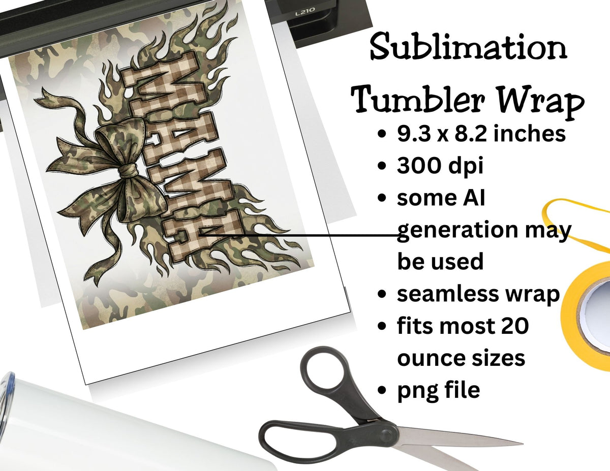Sublimation tumbler wrap design with plaid pattern and bow, scissors on a white background.