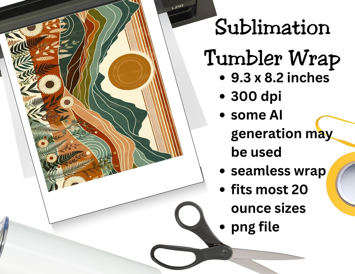 Sublimation tumbler wrap with artistic design, scissors, and printer on a white background