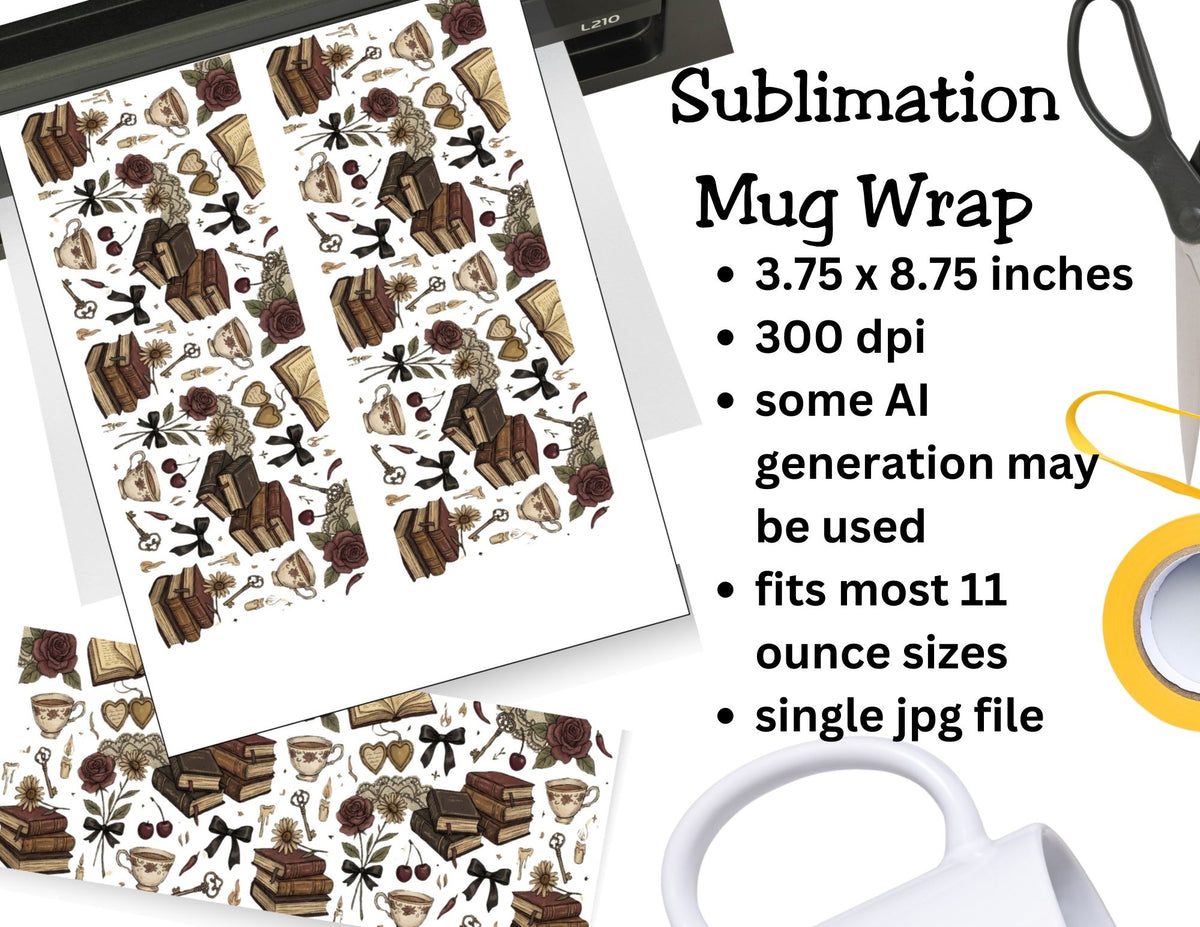 Mug wrap with design details and product specifications on a white background