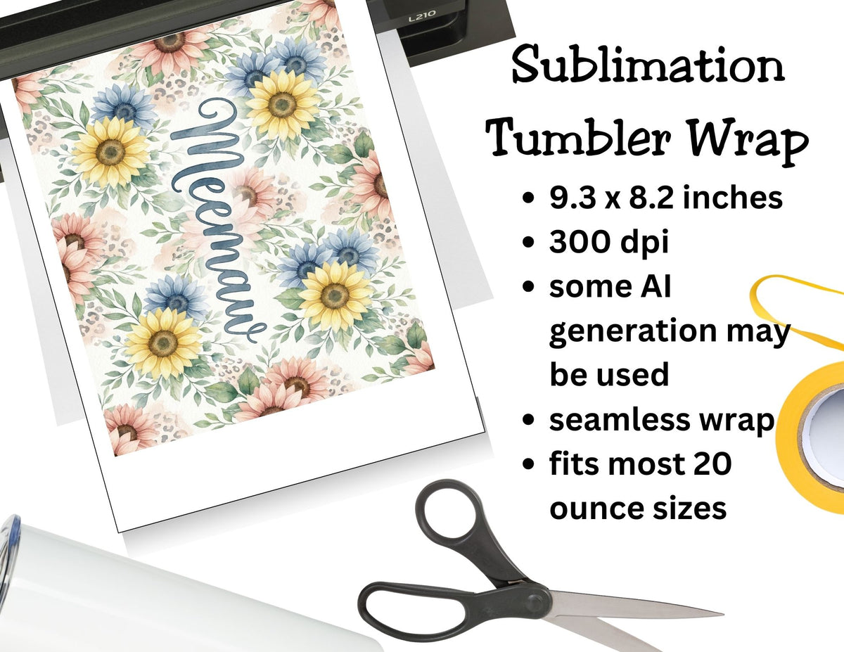 Floral tumbler wrap with text, printer, and scissors on a white background