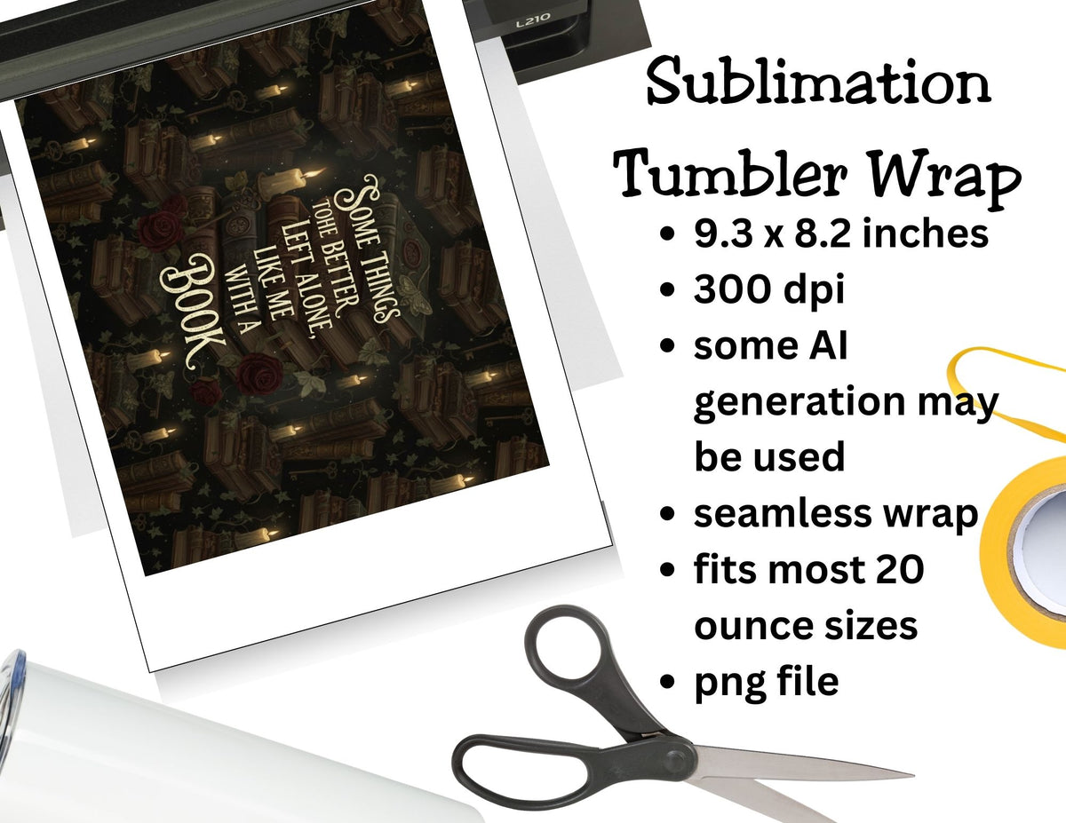 Sublimation tumbler wrap design with text and graphics, scissors on a white background