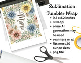 Floral tumbler wrap design with text 'Mimi' on a white background, next to scissors and a printer.