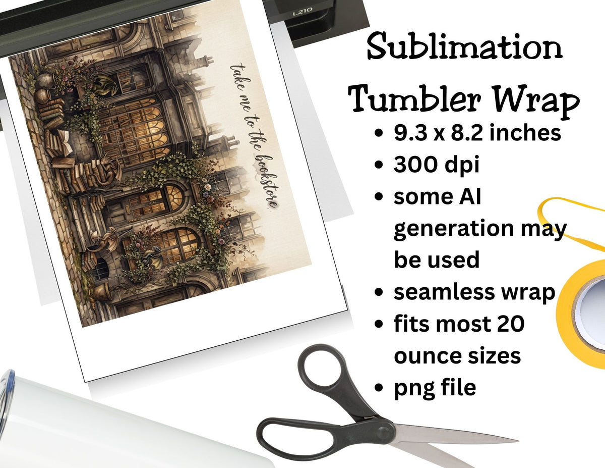 Sublimation tumbler wrap with architectural design, scissors, and printer on a white background
