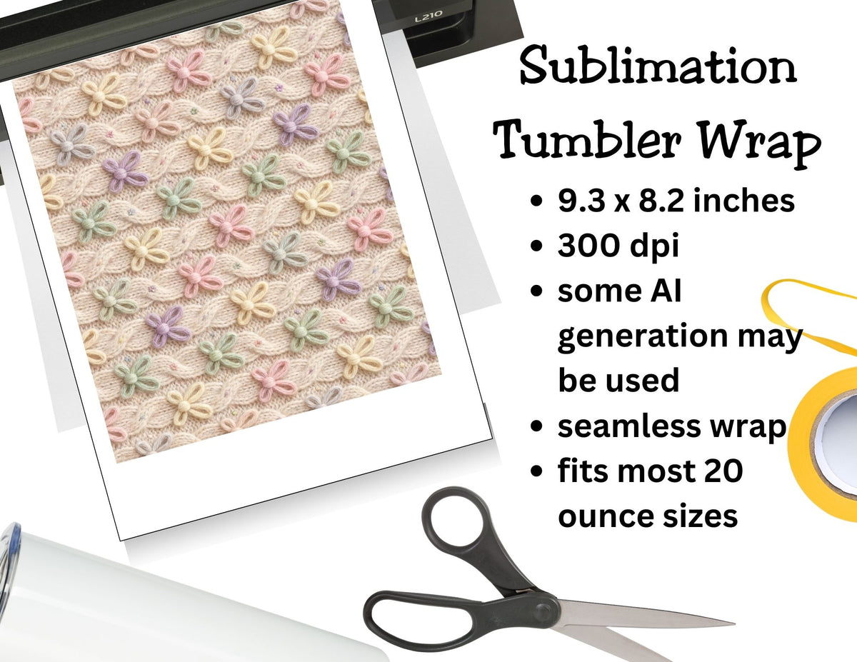 Sublimation tumbler wrap with floral pattern, printer, and scissors on a white background