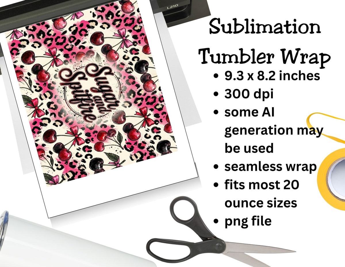 Sublimation tumbler wrap with pink leopard print and cherries design, placed on a white surface with text overlay.