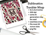 Sublimation tumbler wrap with pink leopard print and cherries design, placed on a white surface with text overlay.