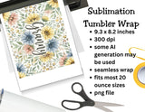 Floral sublimation tumbler wrap with 'Gnomes' text, placed on a white surface with a printer and scissors.