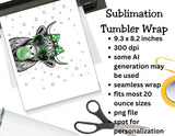 Sublimation tumbler wrap design with a person wearing green glasses and a bow, next to scissors and a printer.