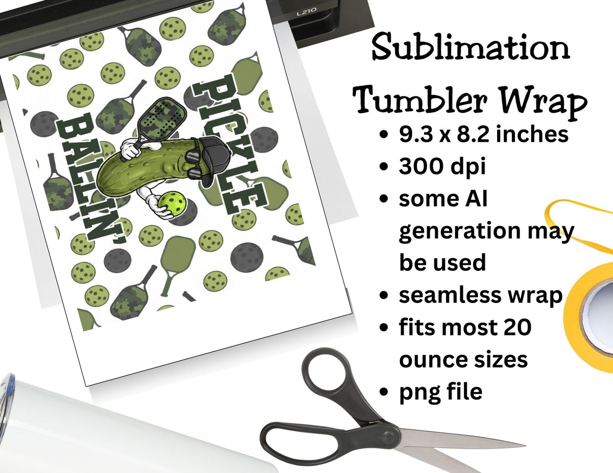 Sublimation tumbler wrap design with pickle graphic and product details on a white background.