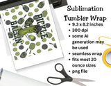 Sublimation tumbler wrap design with pickle graphic and product details on a white background.