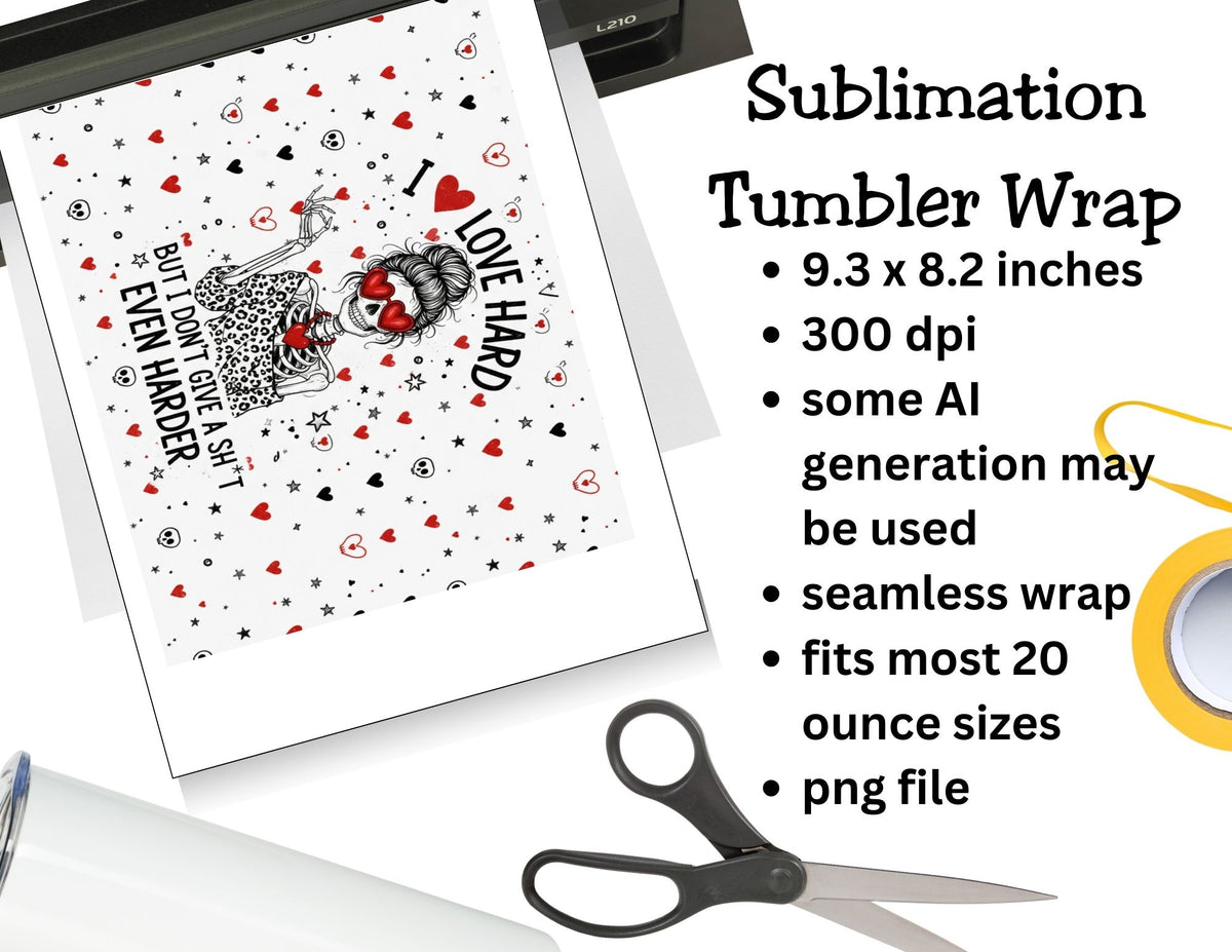 Sublimation tumbler wrap with design and product details on a white background