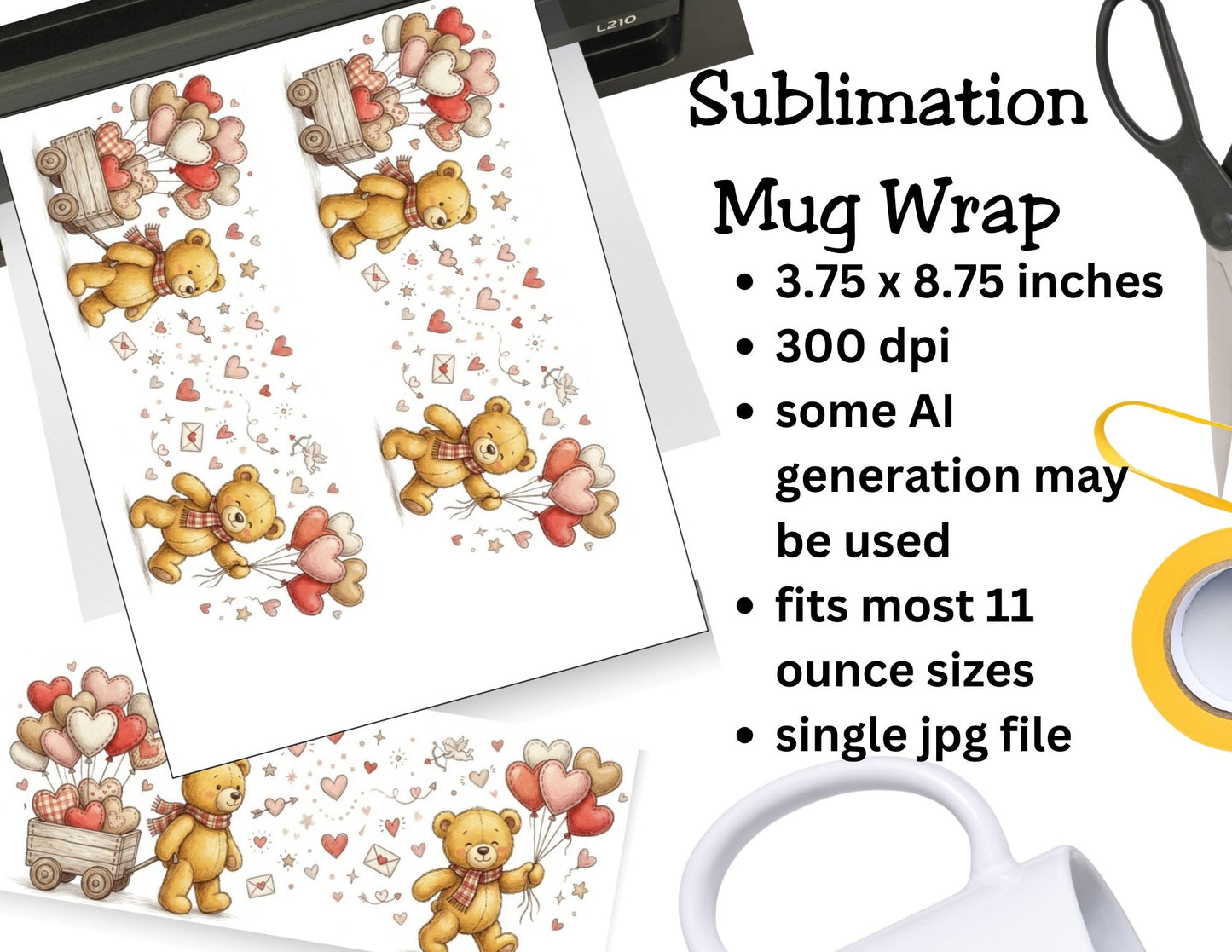 Sublimation mug wrap with teddy bear design on a white background