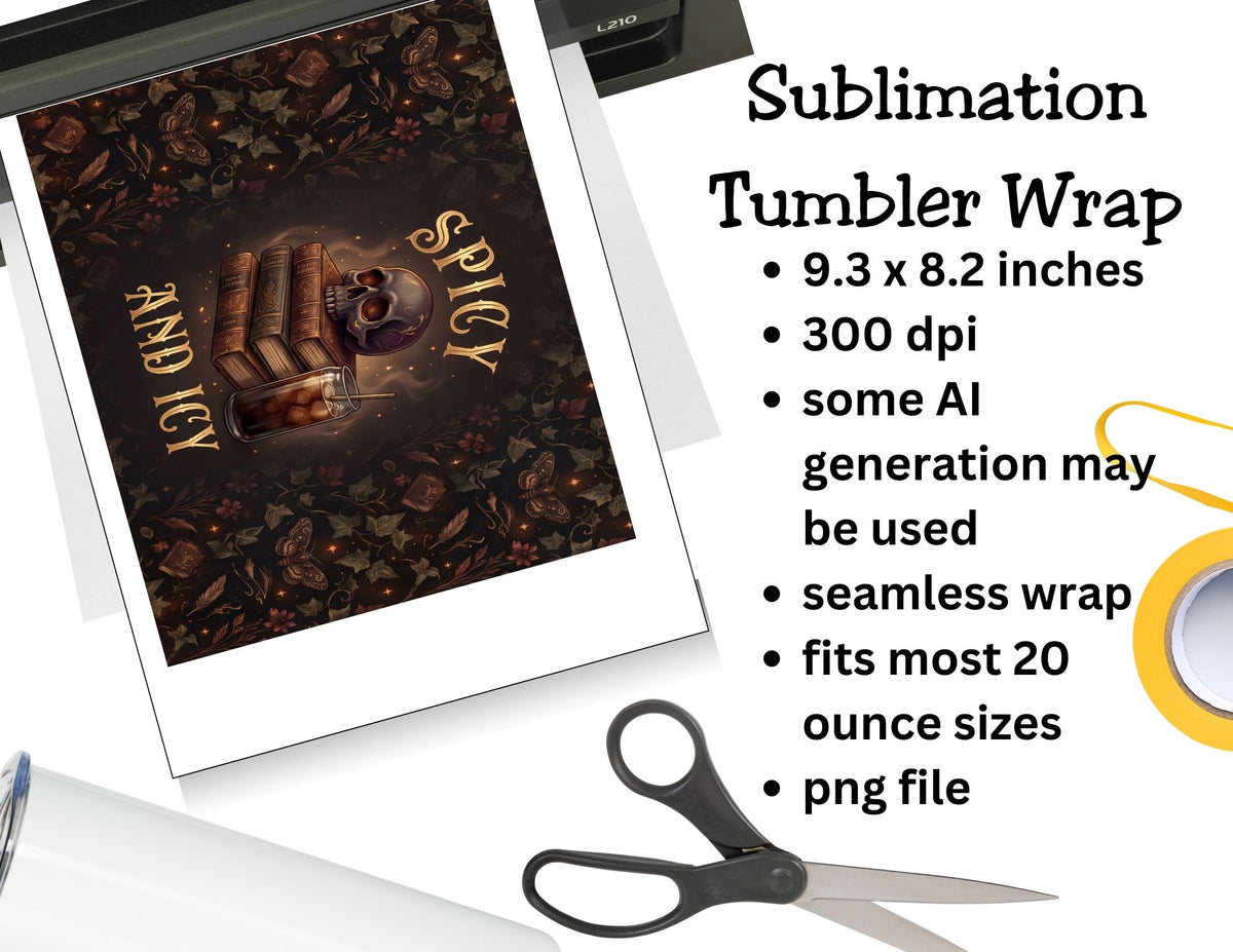 Sublimation tumbler wrap design with a spicy candy graphic, scissors, and printer on a white background.