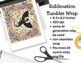 Sublimation tumbler wrap with dragon design, printer, and scissors on a white background