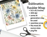 Floral design with 'Nana' text on a sublimation tumbler wrap, next to scissors and printer.
