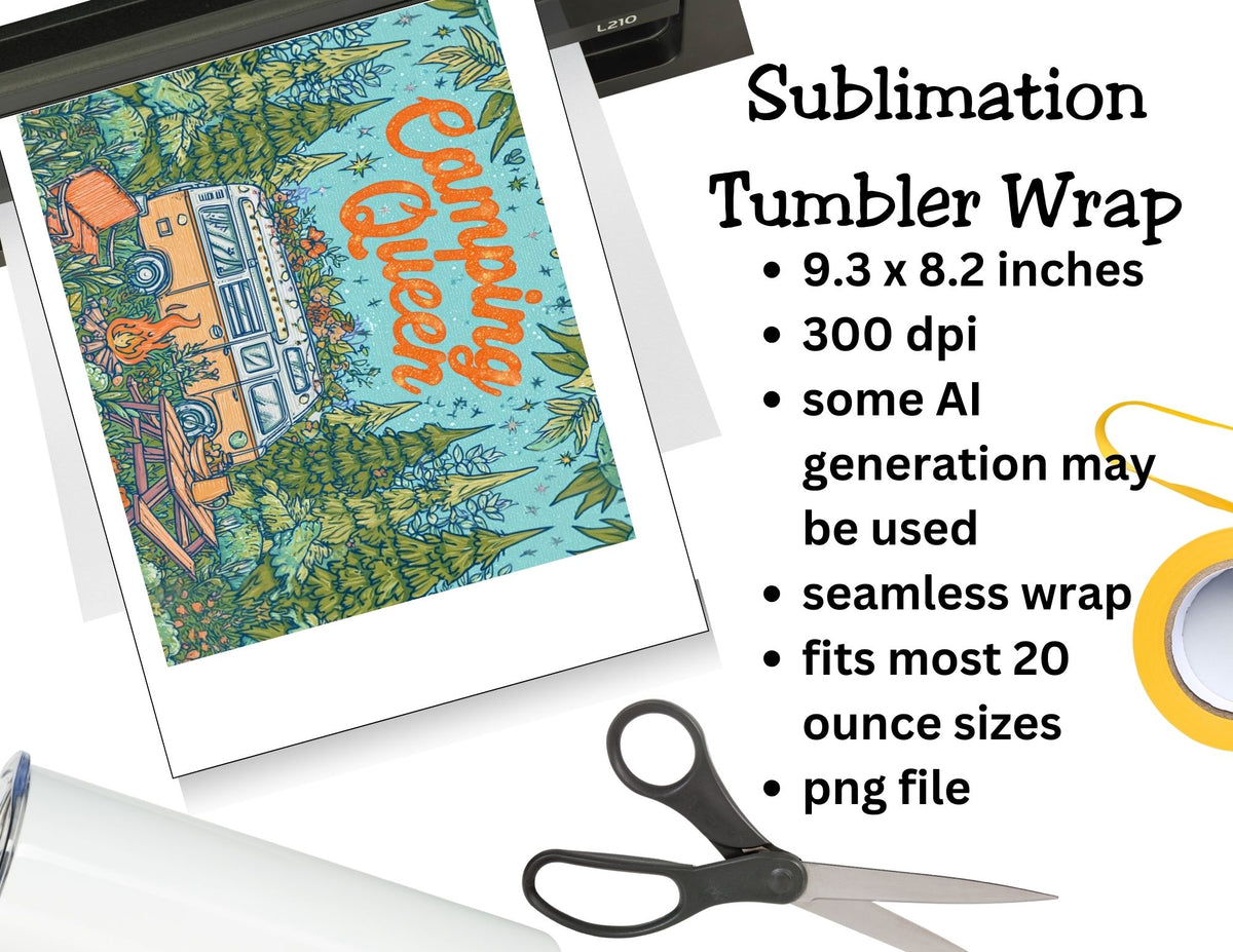 Sublimation tumbler wrap design with 'Camping Queen' text and graphics, surrounded by a printer, paper, and scissors on a white background.