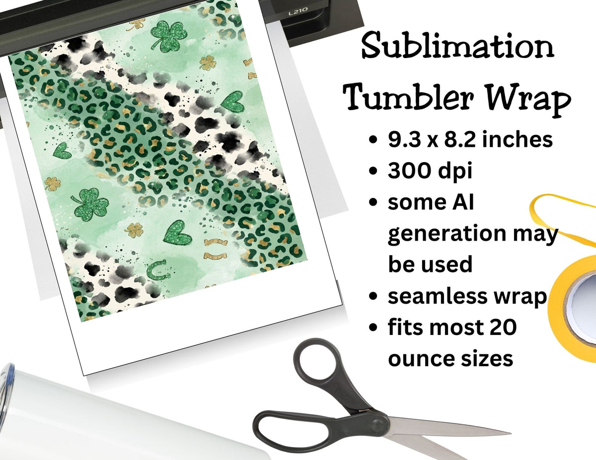 Sublimation tumbler wrap with green and black pattern, printer, and scissors on a white background