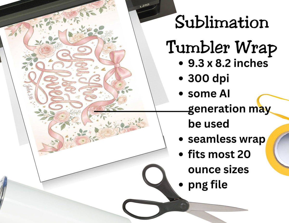Sublimation tumbler wrap with floral design and text, shown with printer and scissors on a white background.