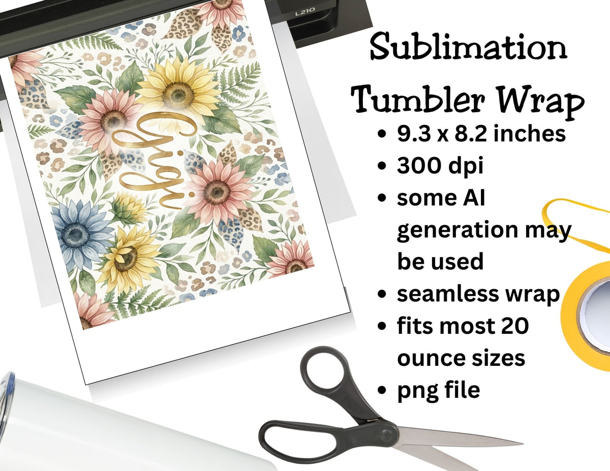 Sublimation tumbler wrap with floral design and text, shown with a printer and scissors on a white background.