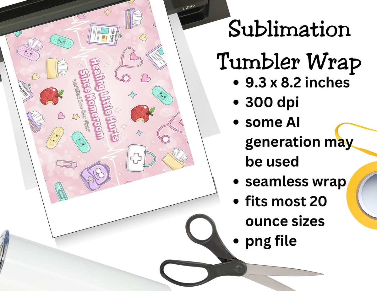 Sublimation tumbler wrap design on a digital screen with scissors and printer in the background.