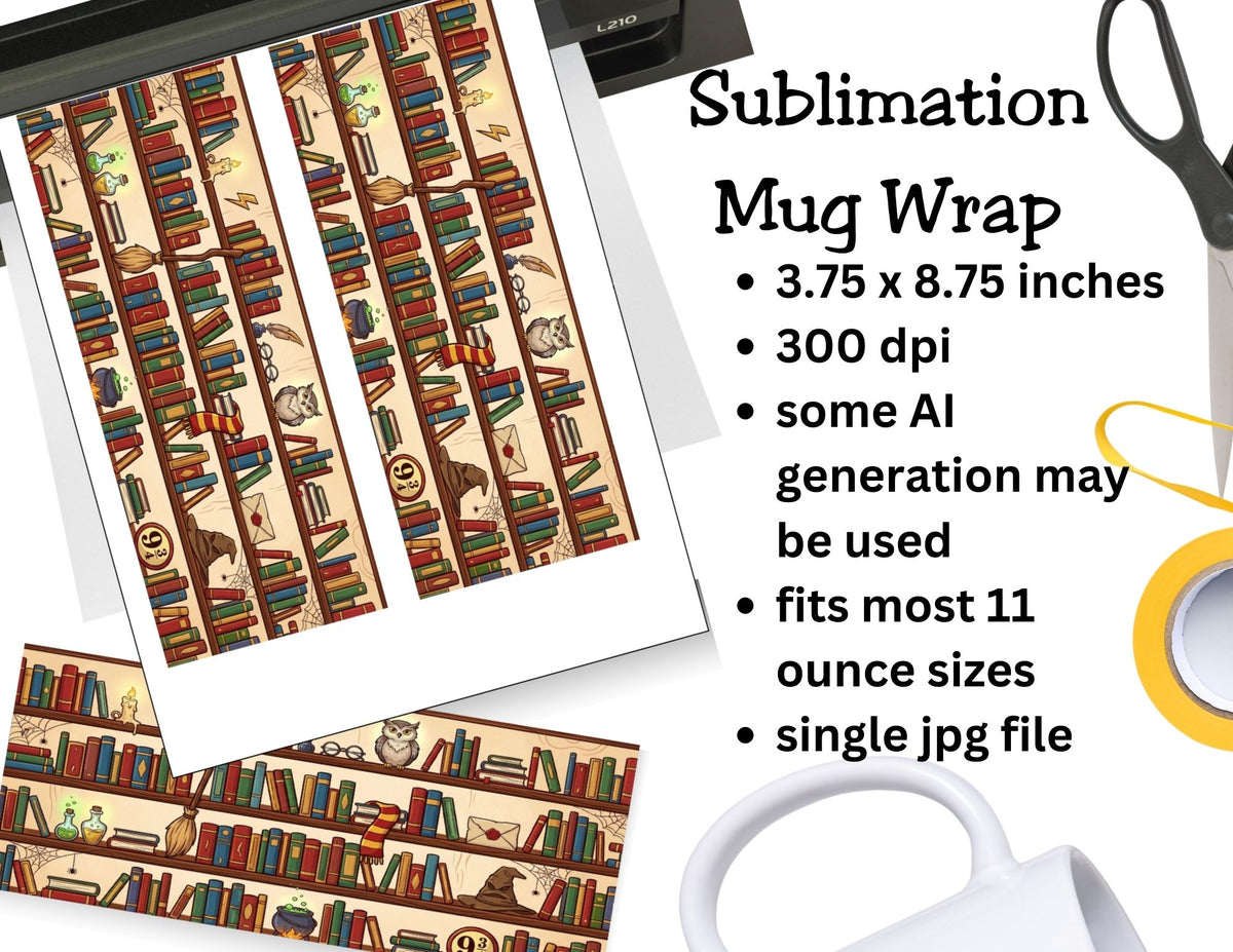 Mug wrap with bookshelf design, scissors, and a mug on a white background