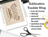 Sublimation tumbler wrap design with text and scissors on a white background