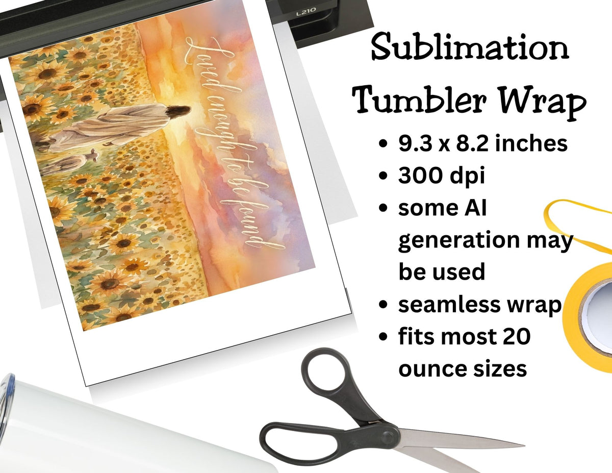 Sublimation tumbler wrap with sunflower design and text, shown on a white background with scissors.
