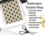 Sublimation tumbler wrap with shamrock pattern, printer, and scissors on a white background