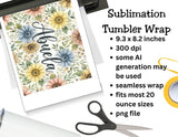 Floral sublimation tumbler wrap with text and a pair of scissors on a white background