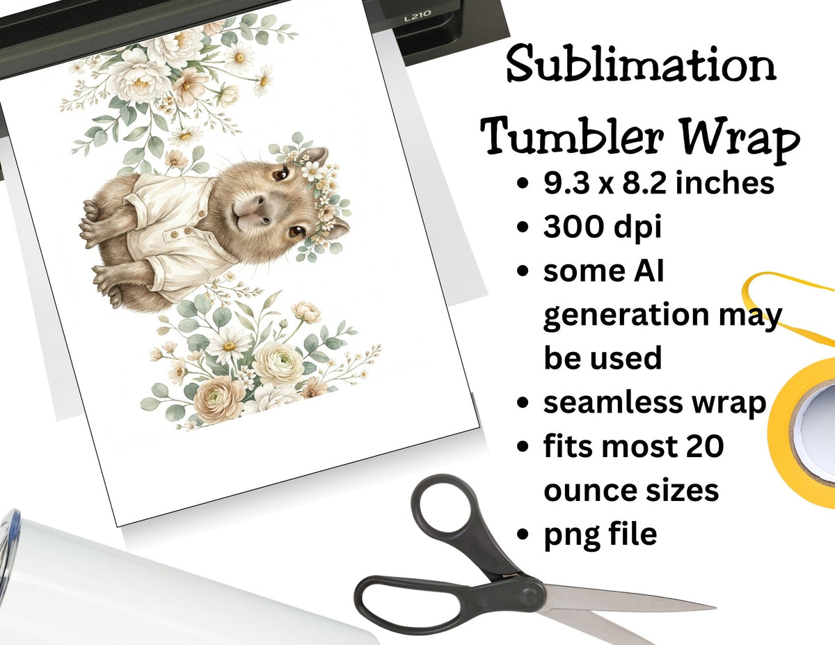 Sublimation tumbler wrap design with a bear and flowers, displayed on a white surface with scissors.