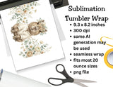 Sublimation tumbler wrap design with a bear and flowers, displayed on a white surface with scissors.