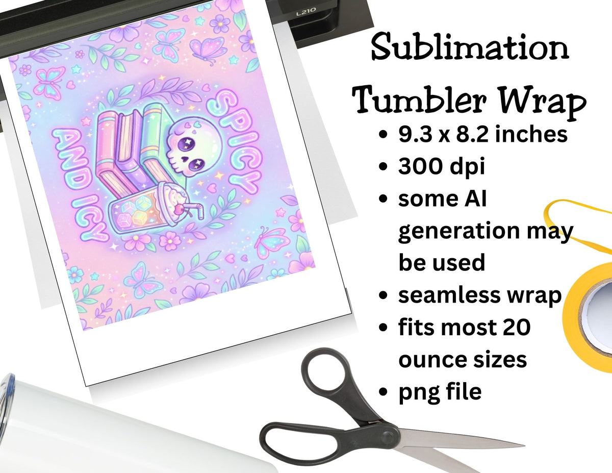 Sublimation tumbler wrap with cartoon design and product details on a white background