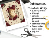 Sublimation tumbler wrap design with roses and text, shown on a screen with scissors and printer in the background.