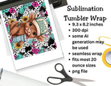 Sublimation tumbler wrap design with a cow wearing a helmet on a white background with scissors.