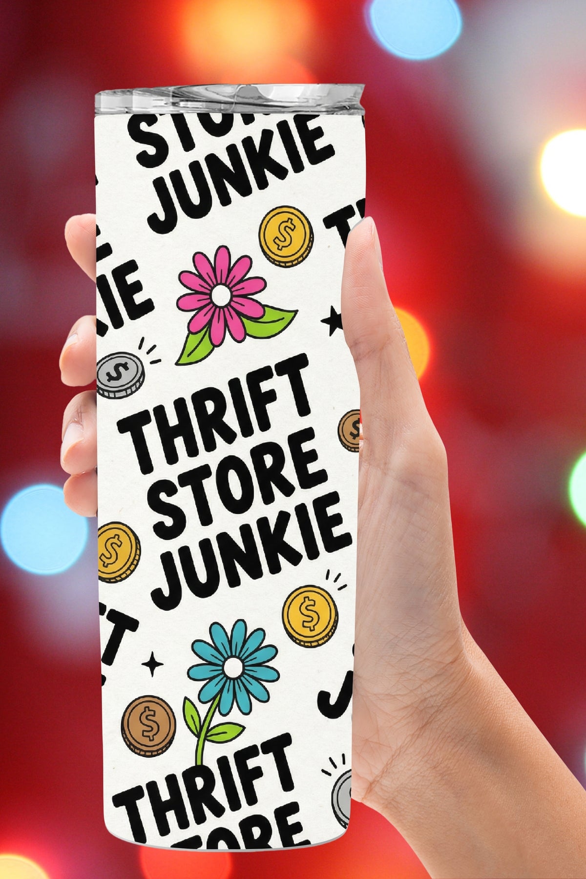 Looking for a trendy tumbler design that actually sells? This thrift-inspired seamless wrap is bold, fun, and made for sublimation tumbler makers. Perfect for 20oz and 30oz skinny tumblers, gifts for thrift lovers, and boutique-style cups that stand out at markets.