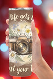 Looking for a thoughtful gift?
This inspirational tumbler with vintage camera and spring wildflowers makes the sweetest encouragement gift for her, graduation gift, or self-care reminder cup.